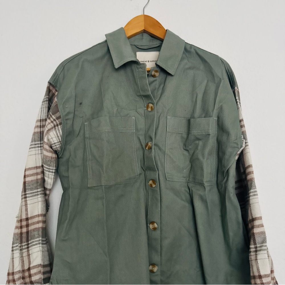 Thread & Supply Women's Button Down Shacket Top Cotton Size S Olive Tan Plaid - Picture 5 of 11